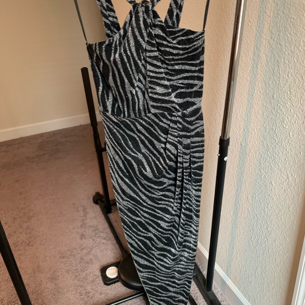 The Sang black and silver zebra stripe pattern, form fitting gown